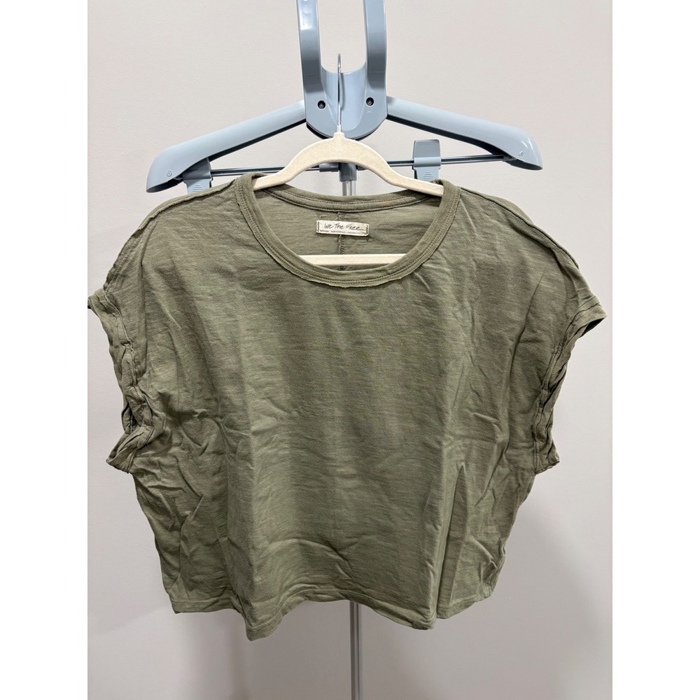 We The Free You Rock Tee Boxy Cropped Oversized Rolled Sleeve Olive Green Cotton